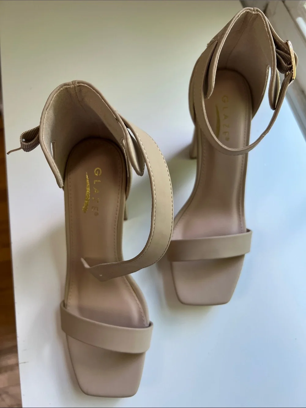 Glaze Nude Ankle Strap‎ Heels Square Toe Sandals Size 8